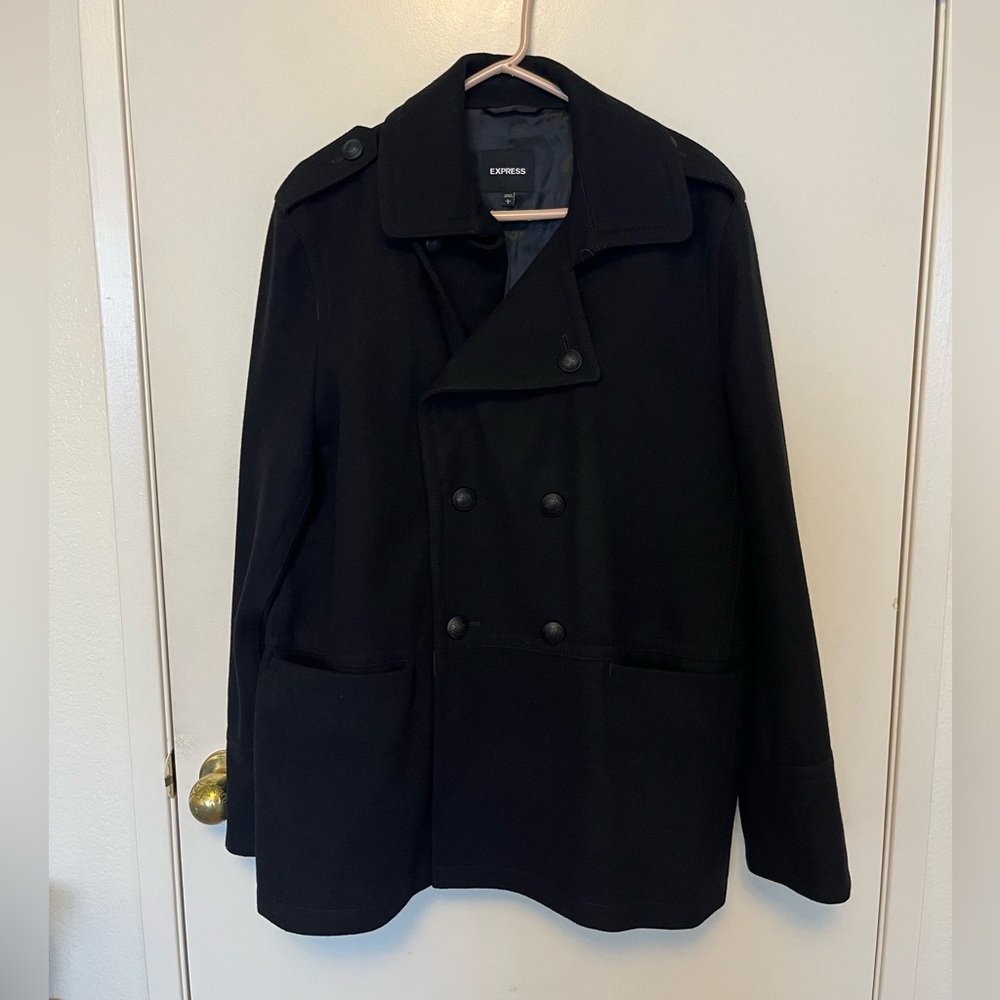 Express peacoat black/red waist length, double breasted, single vent, L